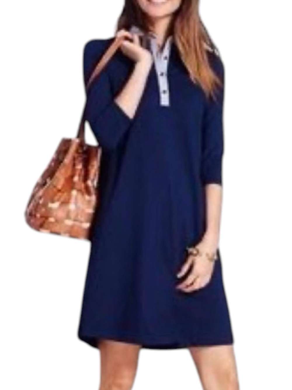 J. McLaughlin Dress NWOT Navy Blue 3/4 Sleeve Striped Trim Henley Size Medium
